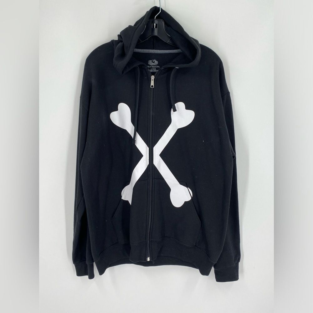 Fruit of the Loom Black Skull Print Zip-Up Hoodie size L